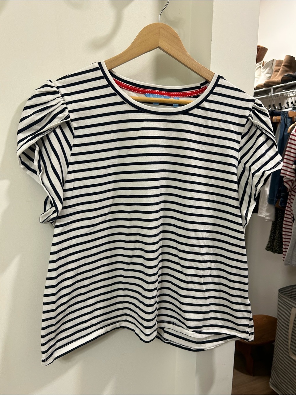 Draper James Navy and White Ruched-Shoulder Striped Tee